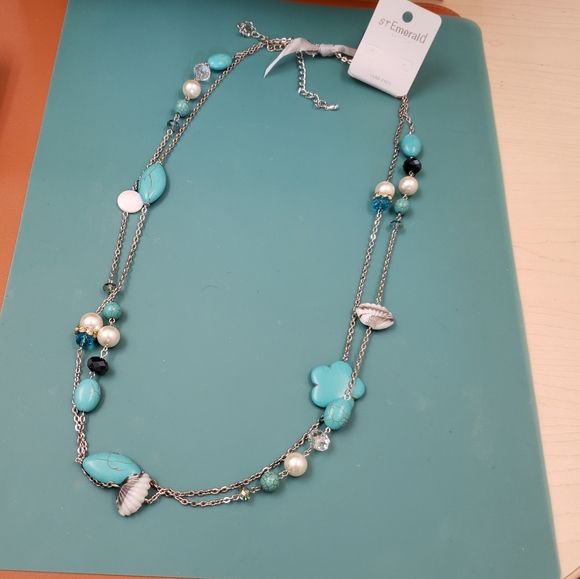 St Emerald, NWT, 2 turquoise, pearl beaded jeweled long silver fashion necklaces - Picture 2 of 16